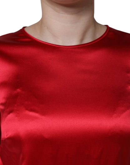 Dolce & Gabbana Red Satin Lace Trim Round Neck Blouse Top by Dolce & Gabbana