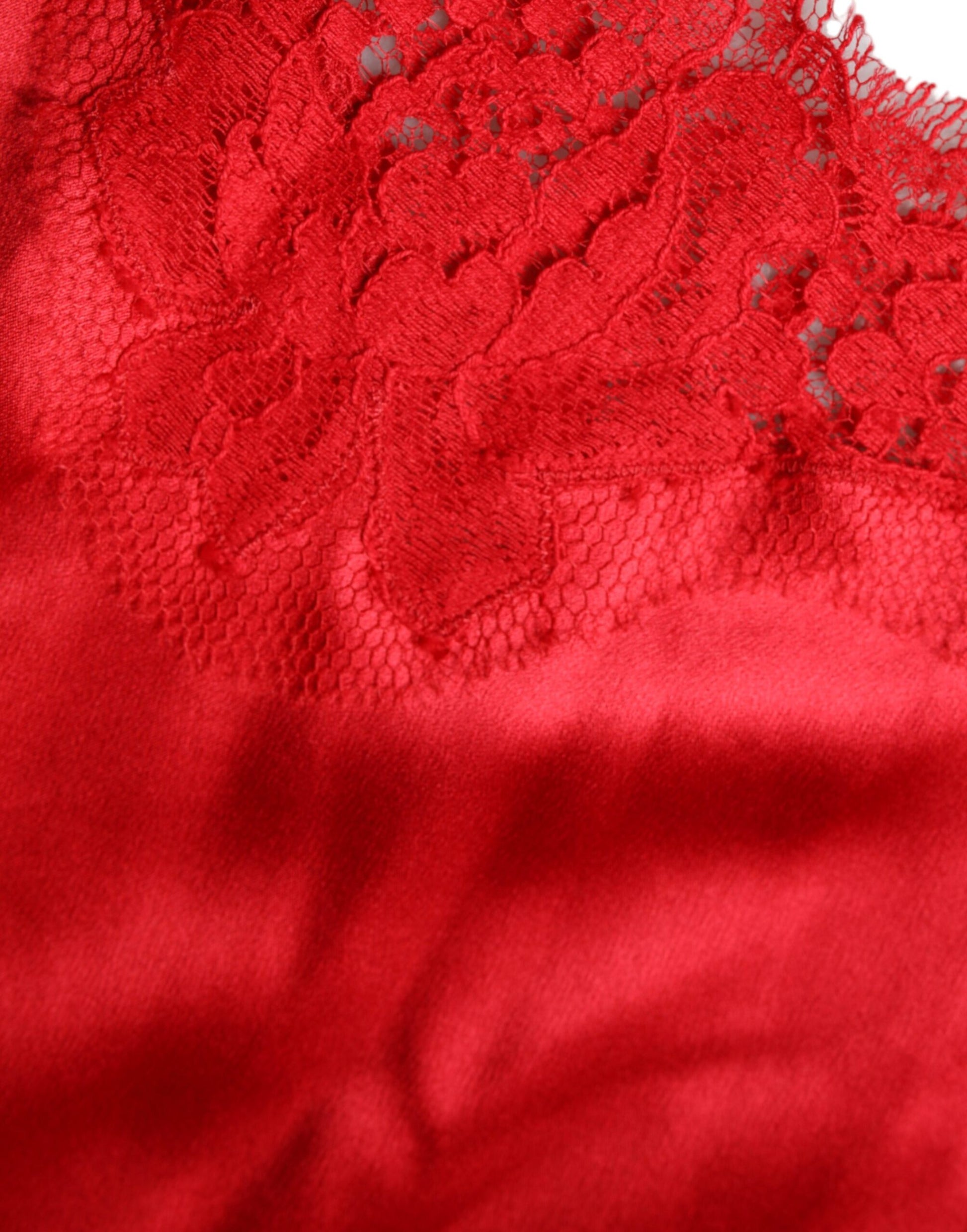 Dolce & Gabbana Red Satin Lace Trim Round Neck Blouse Top by Dolce & Gabbana