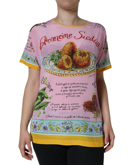 Dolce & Gabbana Pink Silk Araneine Siciliana Print Short Sleeves Top by Dolce & Gabbana