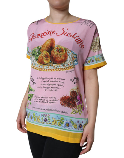 Dolce & Gabbana Pink Silk Araneine Siciliana Print Short Sleeves Top by Dolce & Gabbana