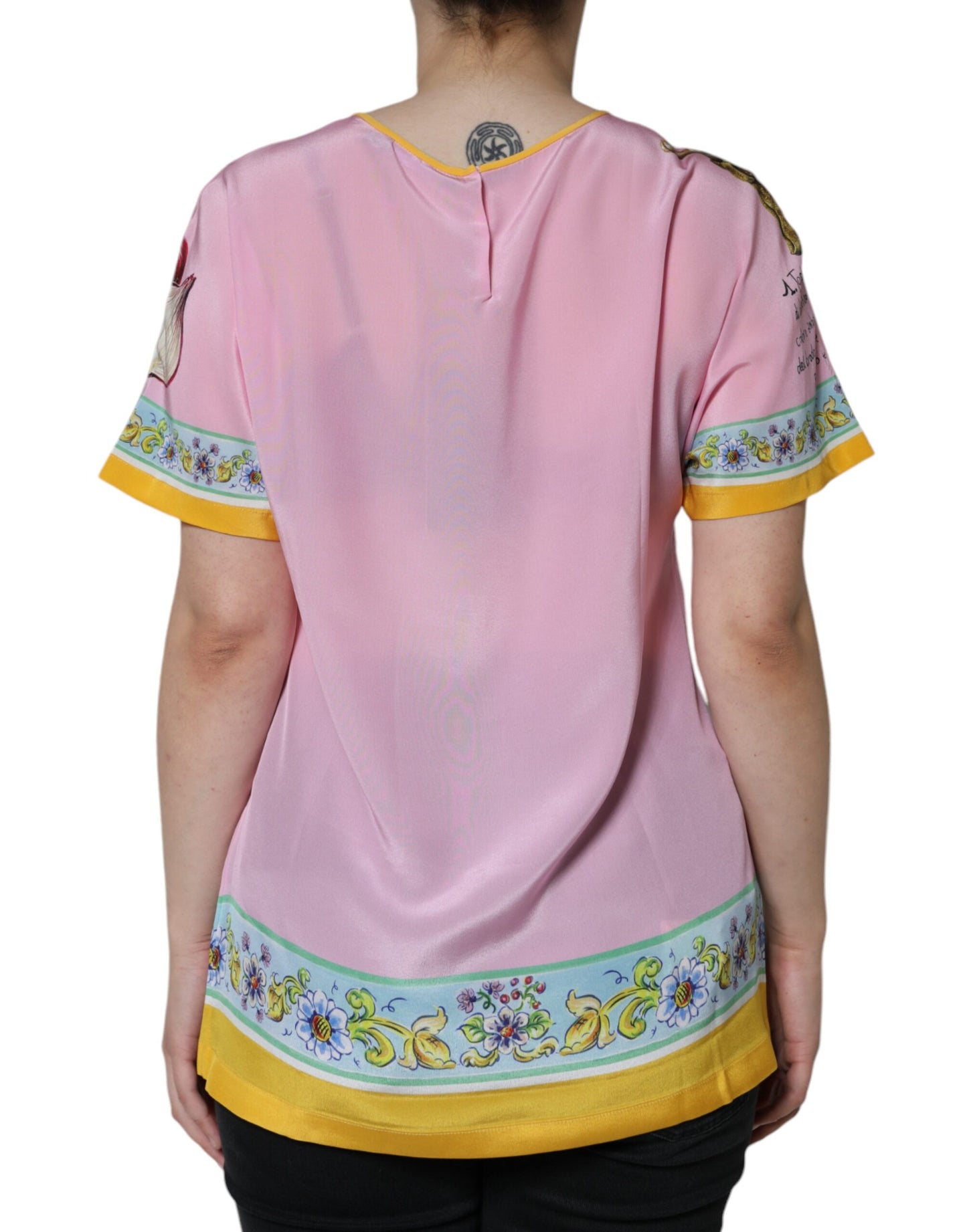 Dolce & Gabbana Pink Silk Araneine Siciliana Print Short Sleeves Top by Dolce & Gabbana