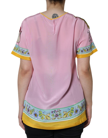 Dolce & Gabbana Pink Silk Araneine Siciliana Print Short Sleeves Top by Dolce & Gabbana