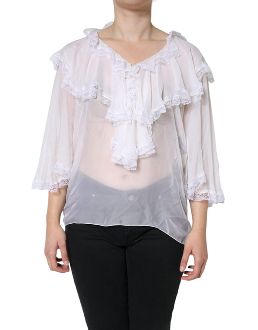 Dolce & Gabbana White Ruffles Lace Long Sleeve Blouse Top by Dolce & Gabbana