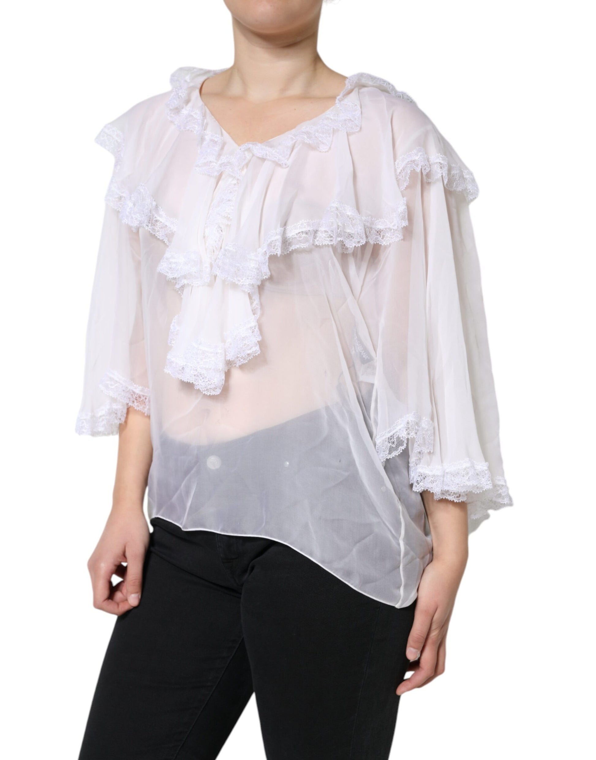 Dolce & Gabbana White Ruffles Lace Long Sleeve Blouse Top by Dolce & Gabbana