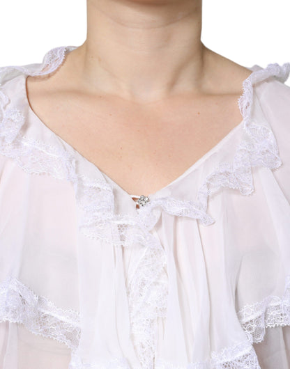 Dolce & Gabbana White Ruffles Lace Long Sleeve Blouse Top by Dolce & Gabbana