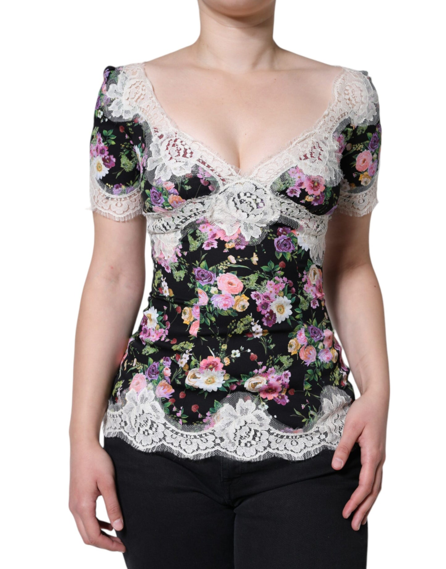 Dolce & Gabbana Black Floral Lace Short Sleeves Blouse Top by Dolce & Gabbana