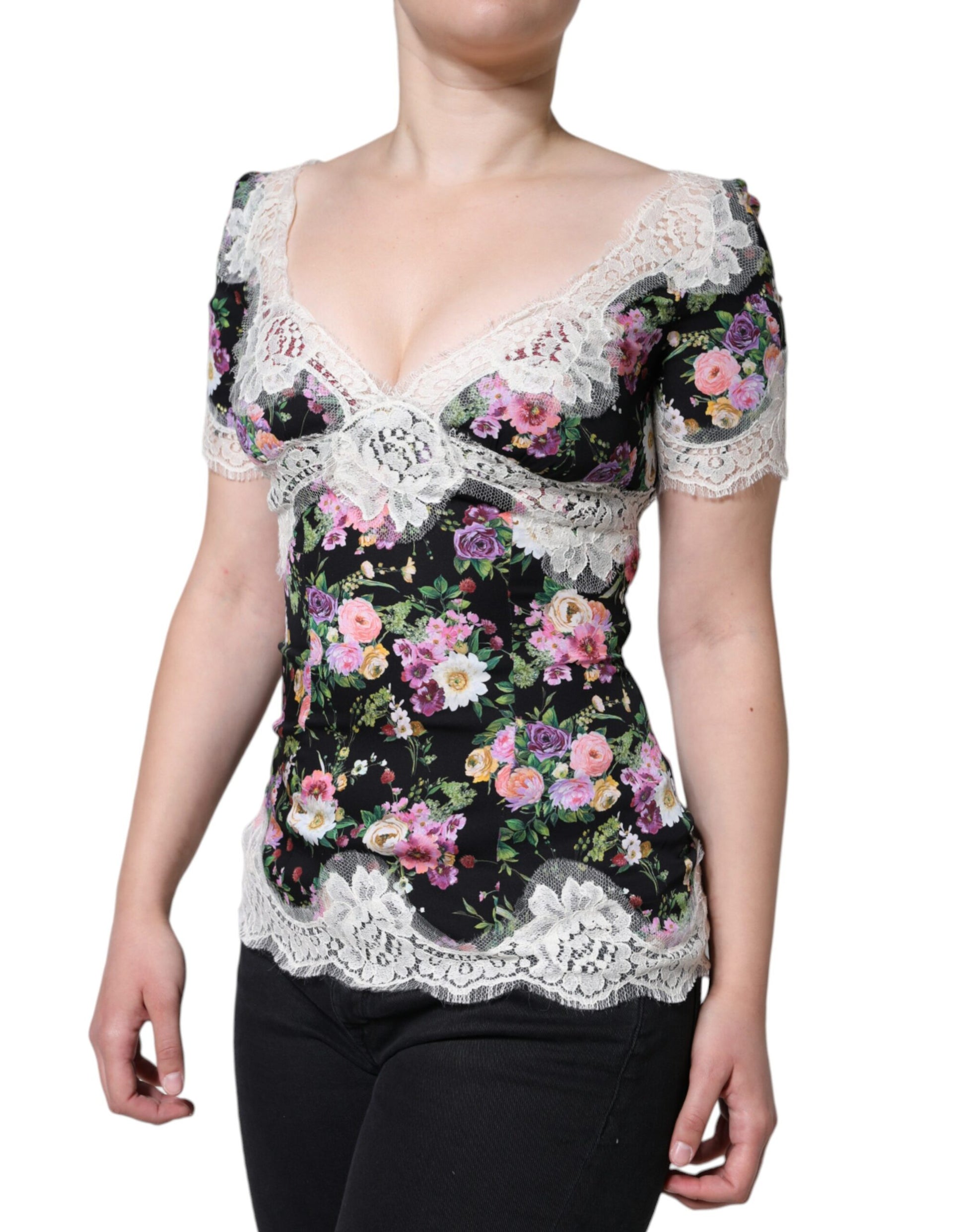 Dolce & Gabbana Black Floral Lace Short Sleeves Blouse Top by Dolce & Gabbana
