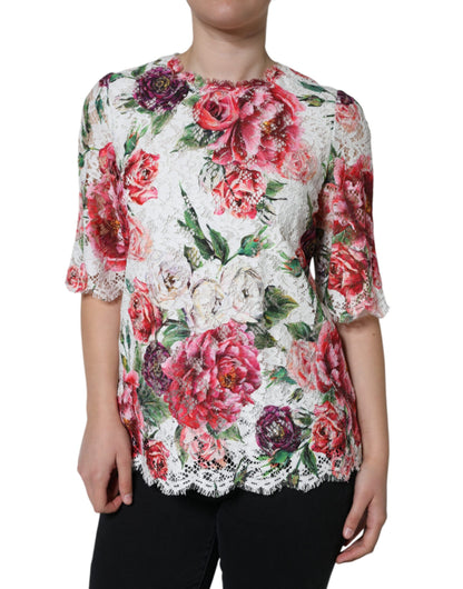 Dolce & Gabbana White Peony Lace Short Sleeves Blouse Top by Dolce & Gabbana