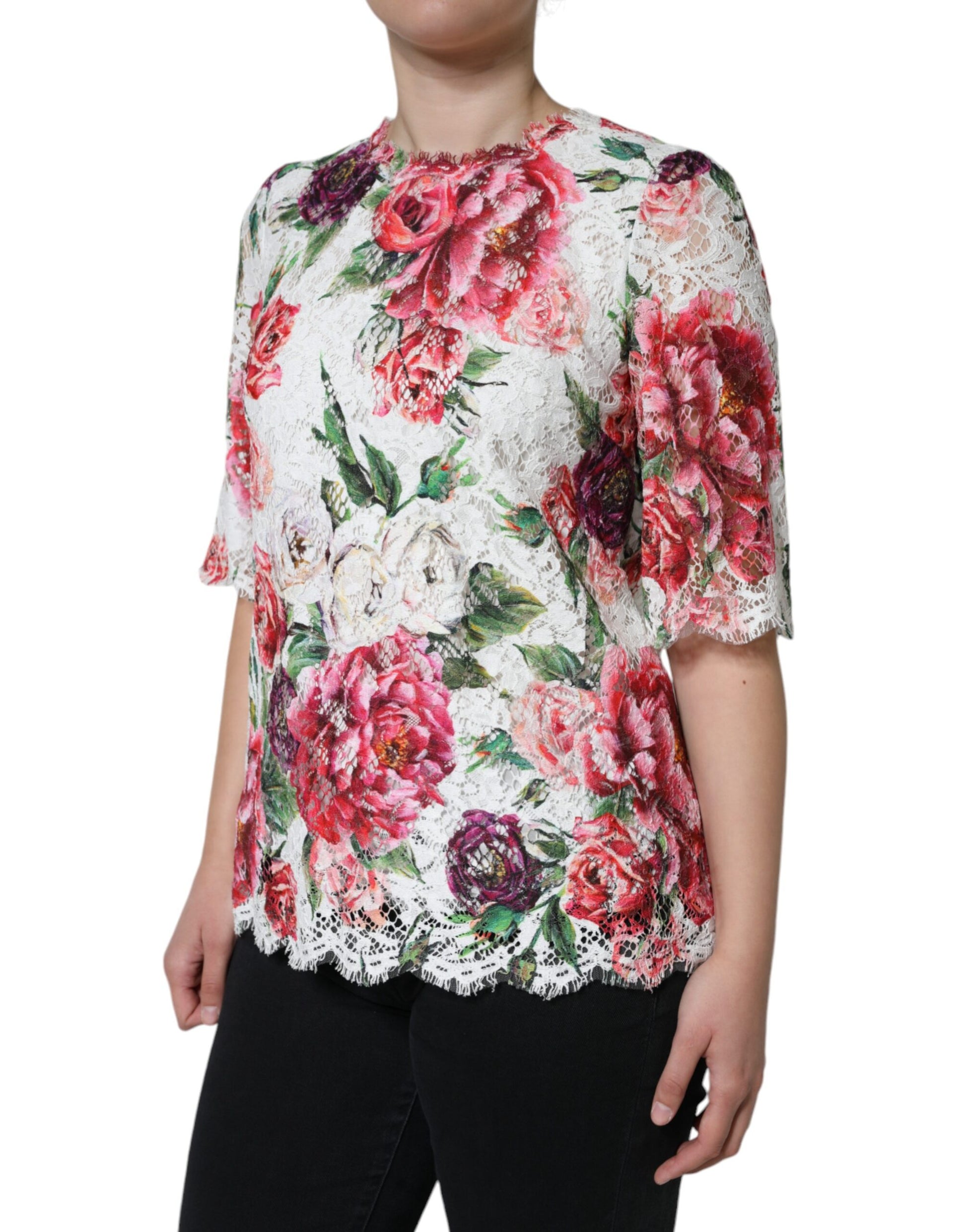 Dolce & Gabbana White Peony Lace Short Sleeves Blouse Top by Dolce & Gabbana