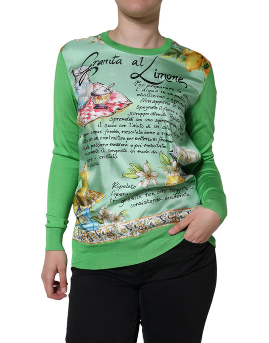 Dolce & Gabbana Green Silk Granita Al Limone Long Sleeves Sweater by Dolce & Gabbana