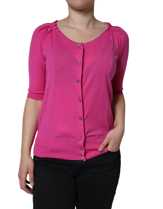 Dolce & Gabbana Pink Wool Button Down Short Sleeve Blouse Top by Dolce & Gabbana