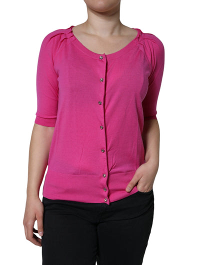 Dolce & Gabbana Pink Wool Button Down Short Sleeve Blouse Top by Dolce & Gabbana