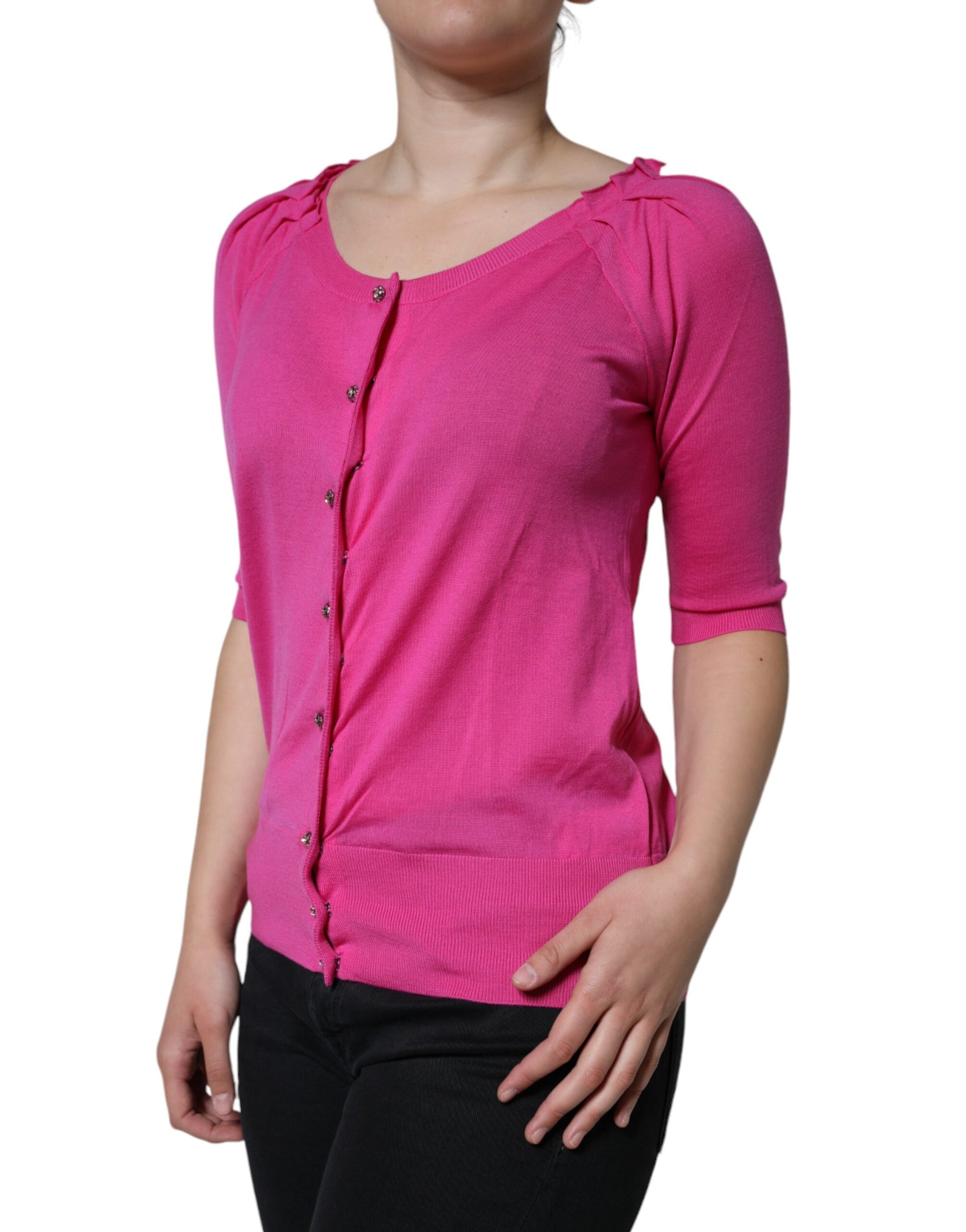 Dolce & Gabbana Pink Wool Button Down Short Sleeve Blouse Top by Dolce & Gabbana