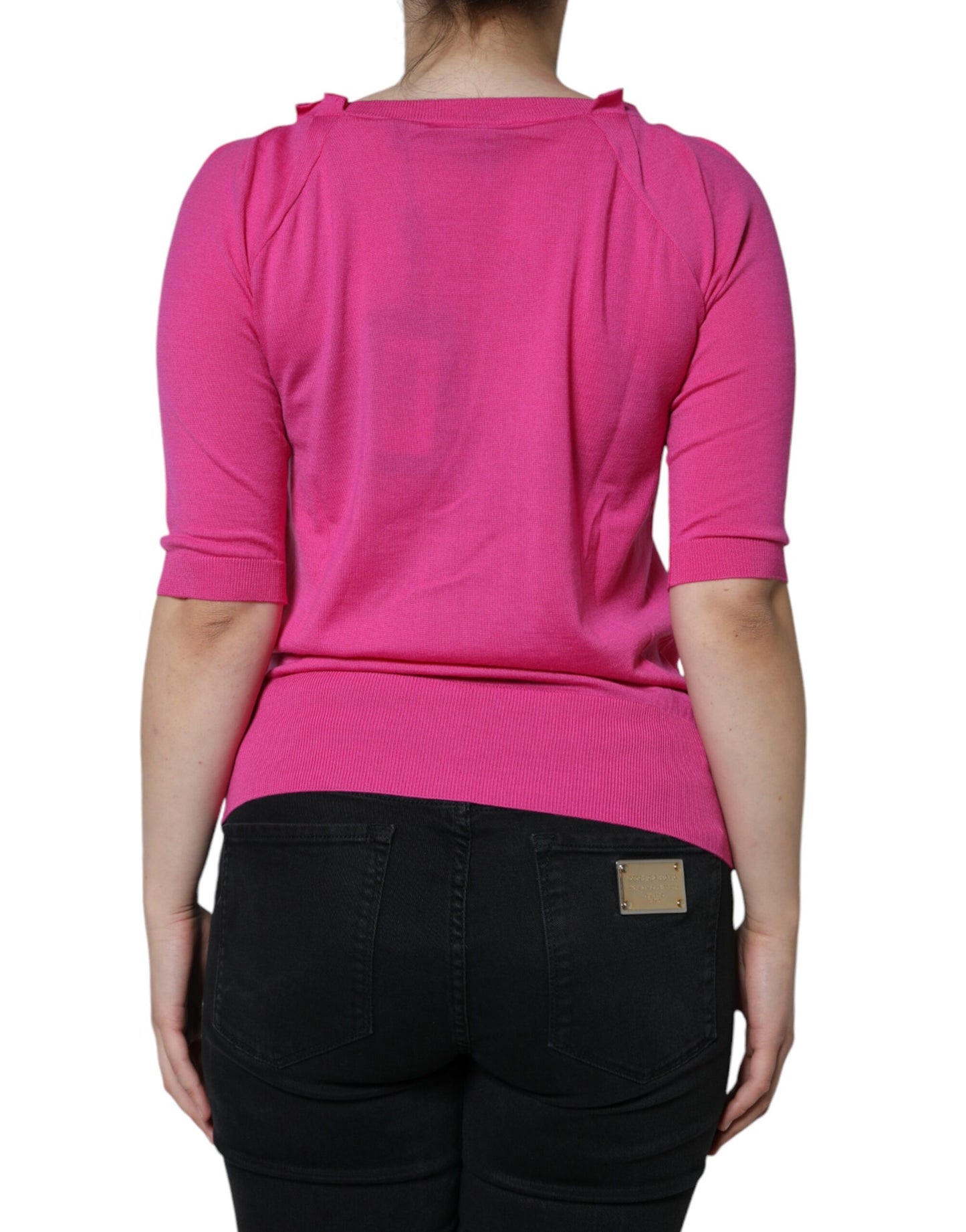 Dolce & Gabbana Pink Wool Button Down Short Sleeve Blouse Top by Dolce & Gabbana
