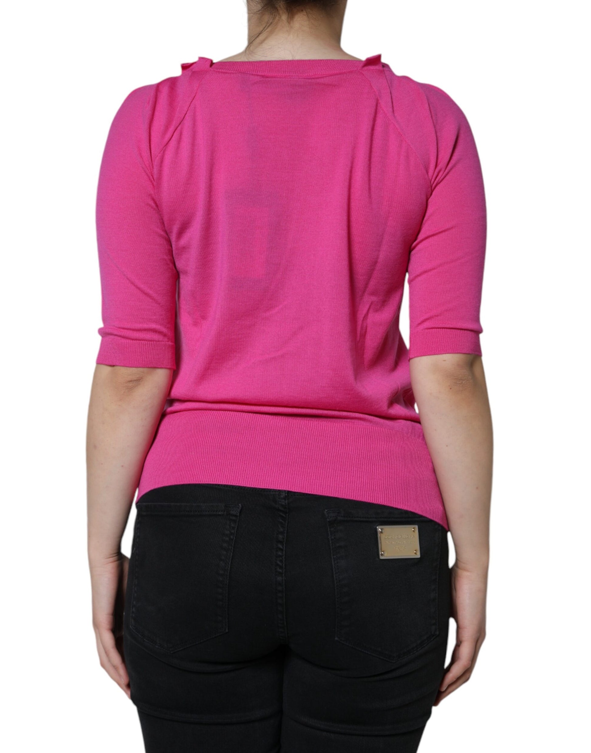 Dolce & Gabbana Pink Wool Button Down Short Sleeve Blouse Top by Dolce & Gabbana