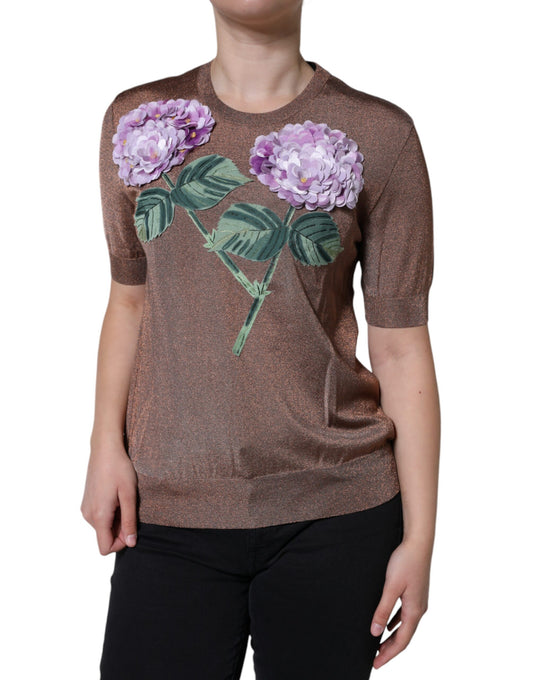 Dolce & Gabbana Brown Floral Applique Viscose Short Sleeve Top by Dolce & Gabbana