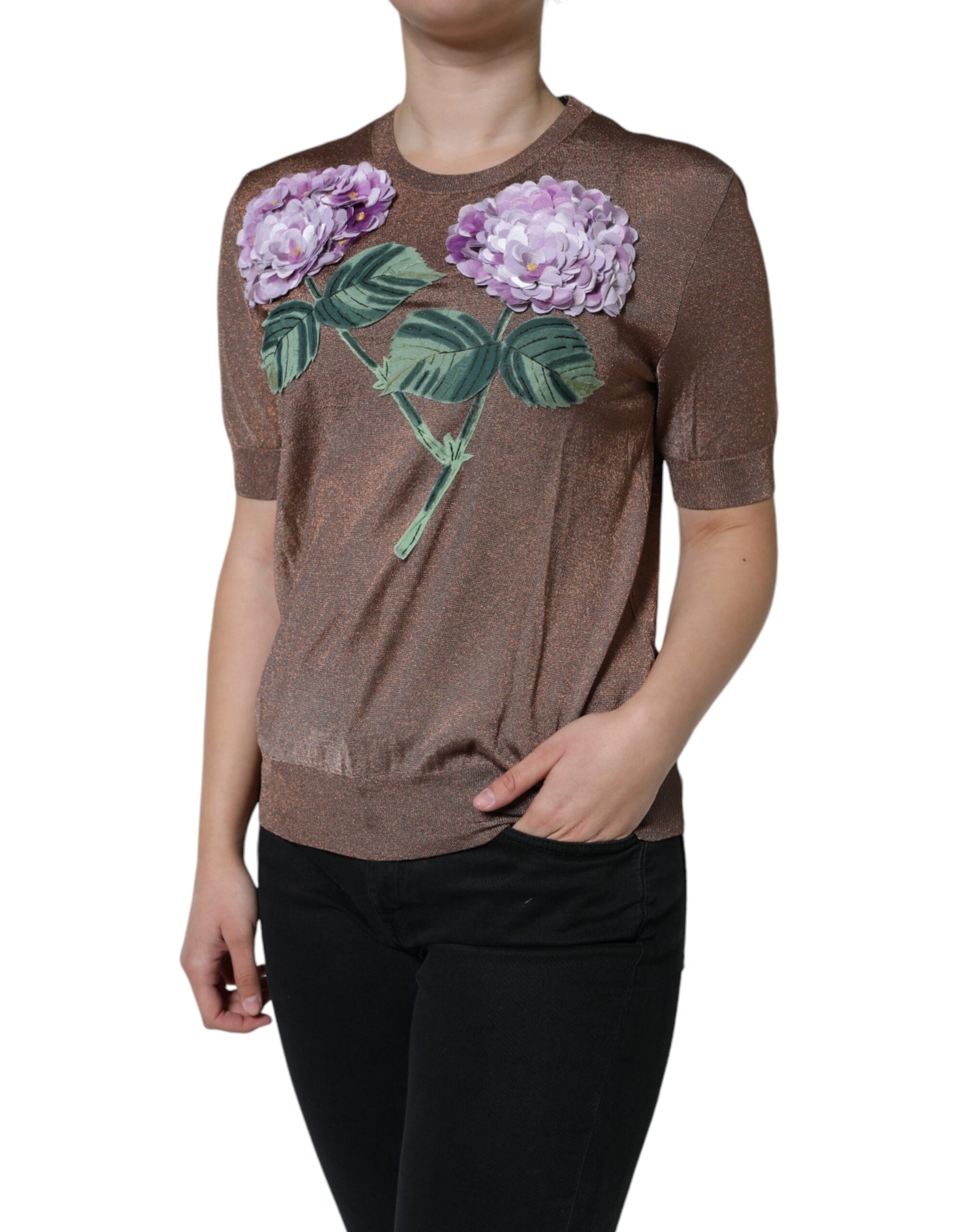 Dolce & Gabbana Brown Floral Applique Viscose Short Sleeve Top by Dolce & Gabbana