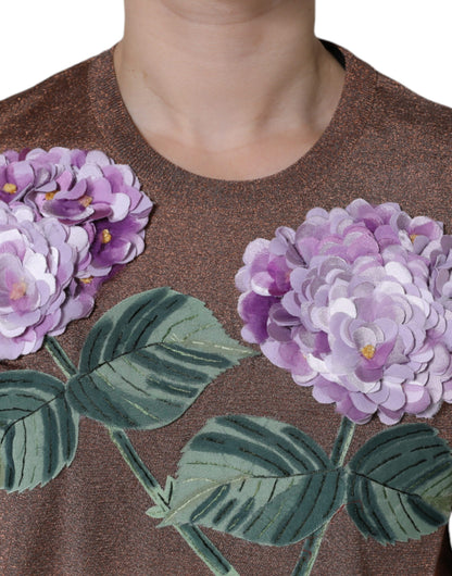 Dolce & Gabbana Brown Floral Applique Viscose Short Sleeve Top by Dolce & Gabbana