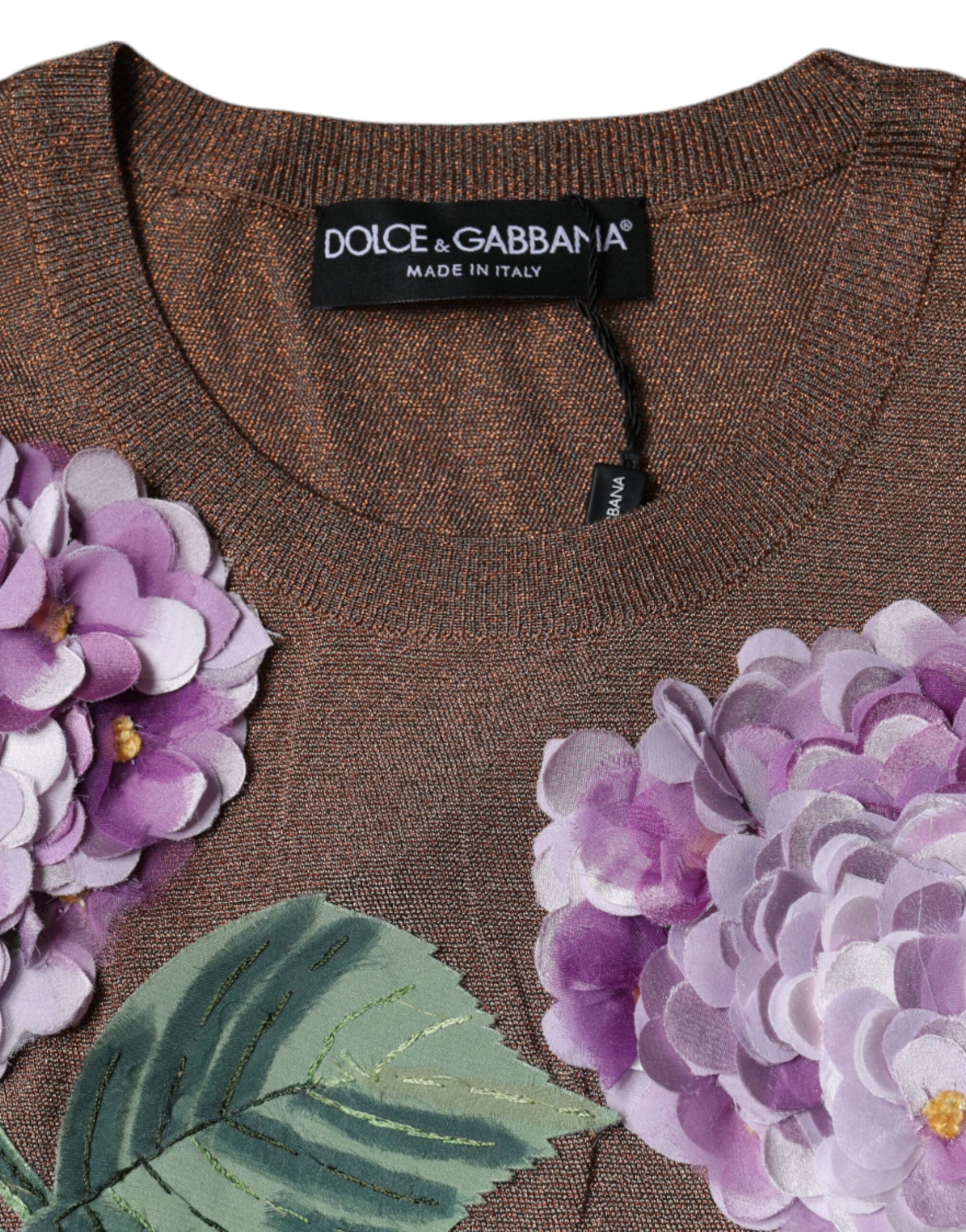 Dolce & Gabbana Brown Floral Applique Viscose Short Sleeve Top by Dolce & Gabbana