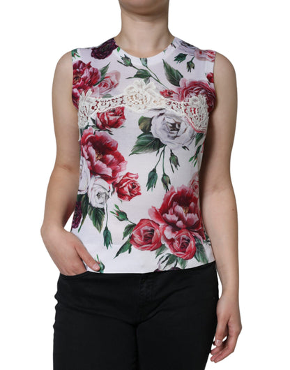 Dolce & Gabbana White Floral Lace Silk Sleeveless Tank Top by Dolce & Gabbana