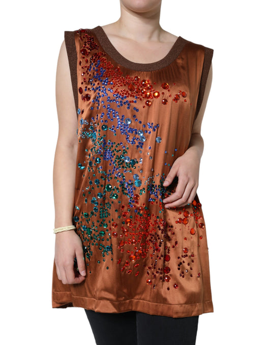 Dolce & Gabbana Brown Crystal Embellished Sleeveless Tank Top by Dolce & Gabbana
