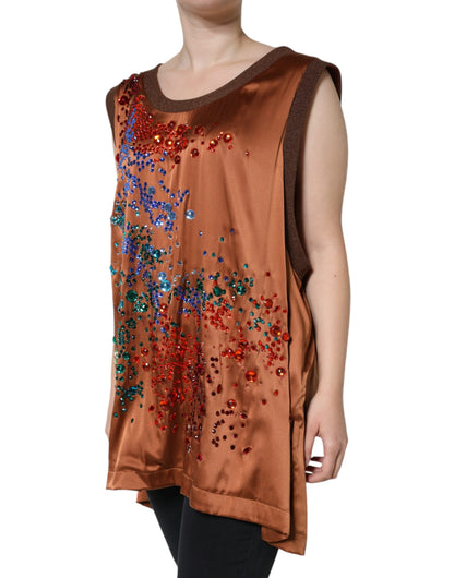 Dolce & Gabbana Brown Crystal Embellished Sleeveless Tank Top by Dolce & Gabbana