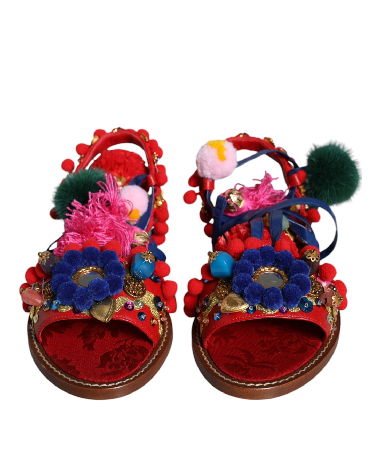 Dolce & Gabbana Multicolor Pom Pom Fur Wrap Sandals Shoes by Dolce & Gabbana