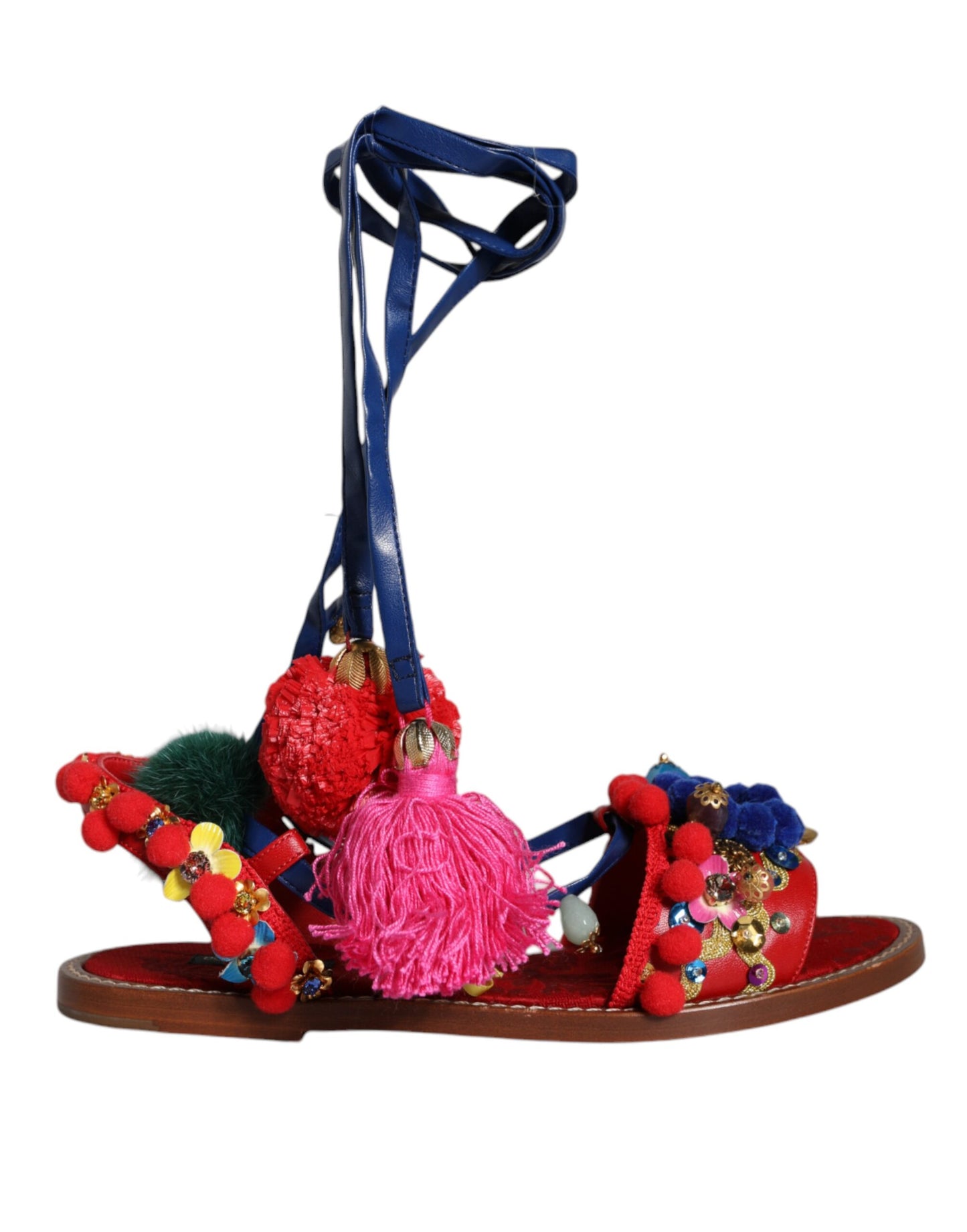 Dolce & Gabbana Multicolor Pom Pom Fur Wrap Sandals Shoes by Dolce & Gabbana