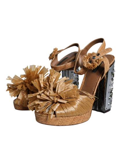Dolce & Gabbana Brown Raffia Ankle Strap Crystal Sandals Shoes by Dolce & Gabbana