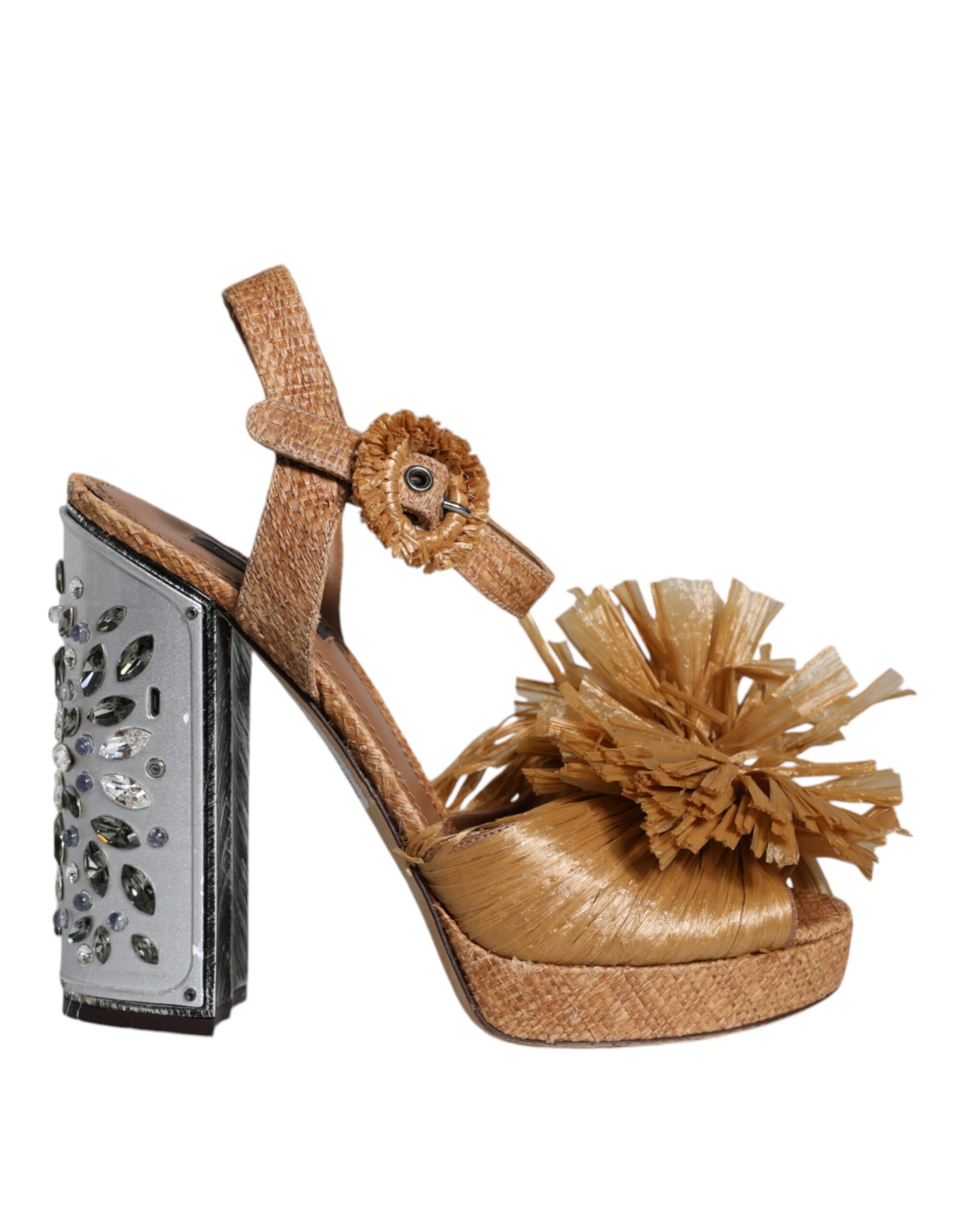 Dolce & Gabbana Brown Raffia Ankle Strap Crystal Sandals Shoes by Dolce & Gabbana