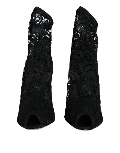 Dolce & Gabbana Black Lace Stretch Heels Mid Calf Boot Shoes by Dolce & Gabbana