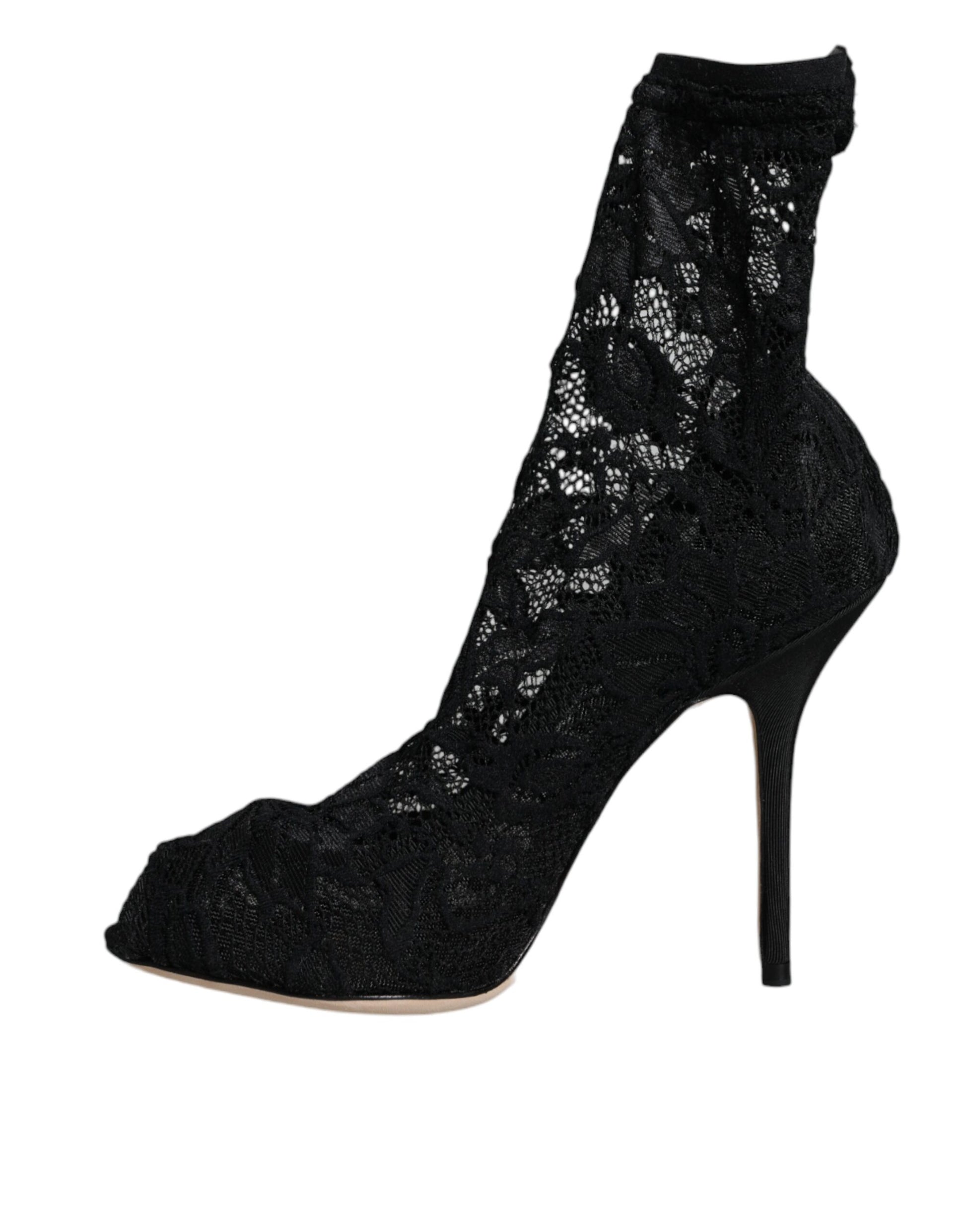 Dolce & Gabbana Black Lace Stretch Heels Mid Calf Boot Shoes by Dolce & Gabbana