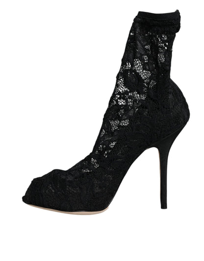 Dolce & Gabbana Black Lace Stretch Heels Mid Calf Boot Shoes by Dolce & Gabbana