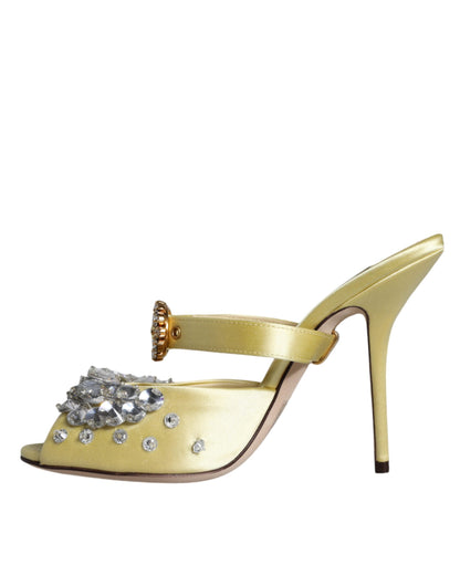 Dolce & Gabbana Yellow Mary Janes Satin Crystal Sandals Shoes by Dolce & Gabbana