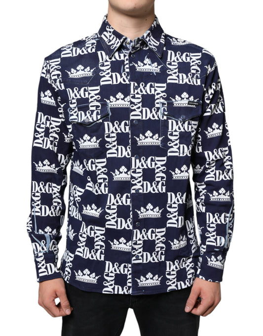 Dolce & Gabbana Blue Crown Logo Print Slim Fit Cotton Shirt by Dolce & Gabbana