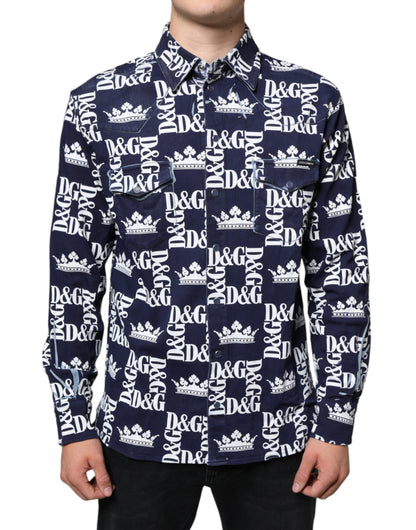 Dolce & Gabbana Blue Crown Logo Print Slim Fit Cotton Shirt by Dolce & Gabbana