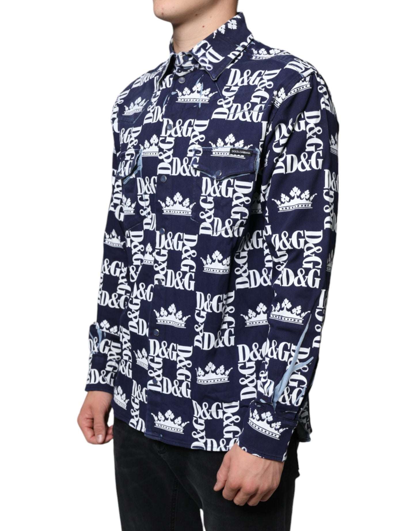 Dolce & Gabbana Blue Crown Logo Print Slim Fit Cotton Shirt by Dolce & Gabbana