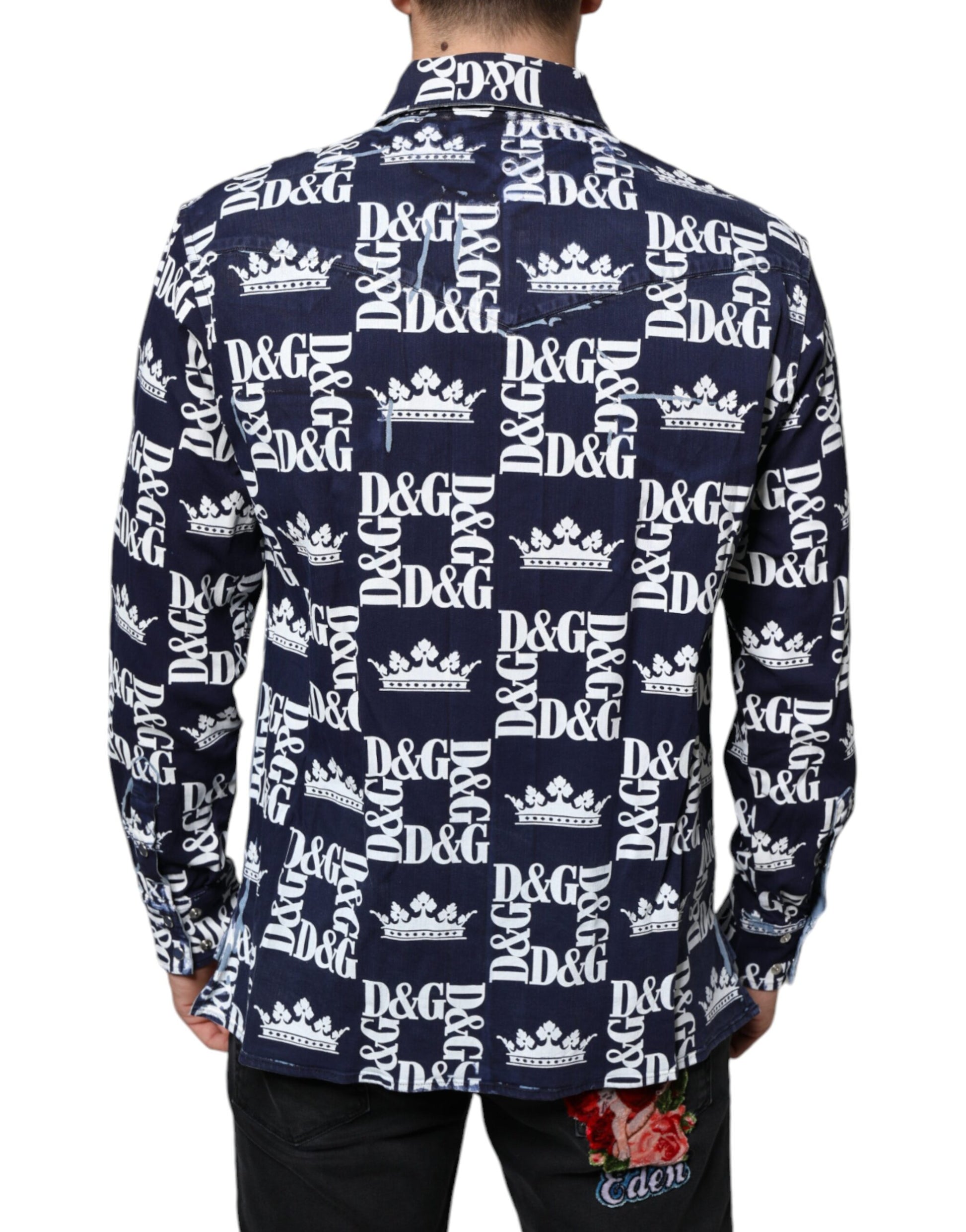 Dolce & Gabbana Blue Crown Logo Print Slim Fit Cotton Shirt by Dolce & Gabbana