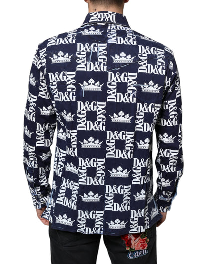 Dolce & Gabbana Blue Crown Logo Print Slim Fit Cotton Shirt by Dolce & Gabbana