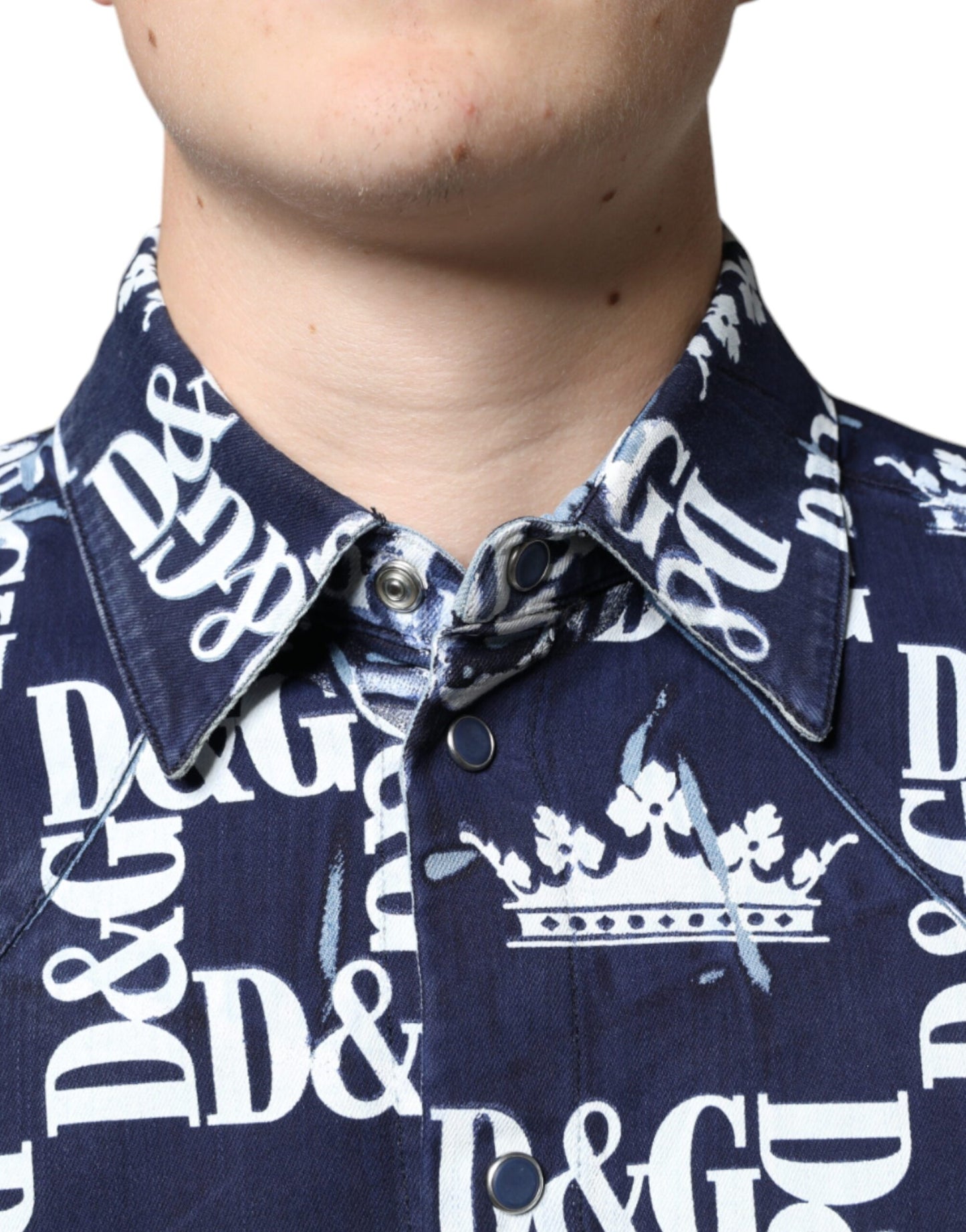 Dolce & Gabbana Blue Crown Logo Print Slim Fit Cotton Shirt by Dolce & Gabbana