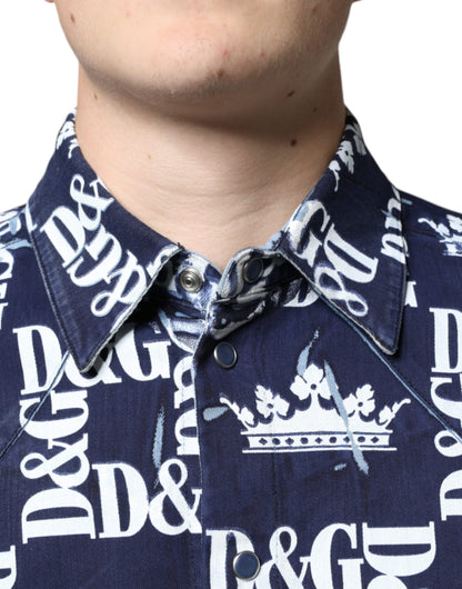 Dolce & Gabbana Blue Crown Logo Print Slim Fit Cotton Shirt by Dolce & Gabbana
