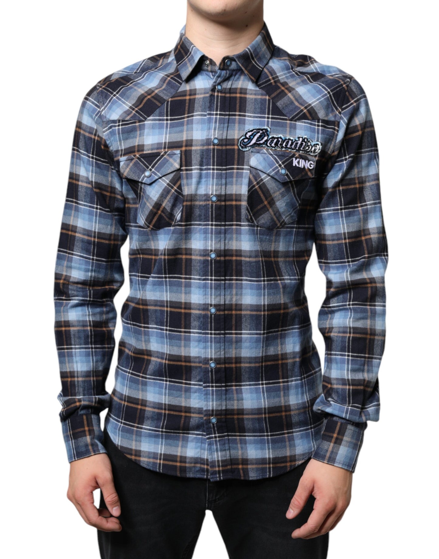 Dolce & Gabbana Multicolor Checkered Paradiso Patch Slim Fit Shirt by Dolce & Gabbana