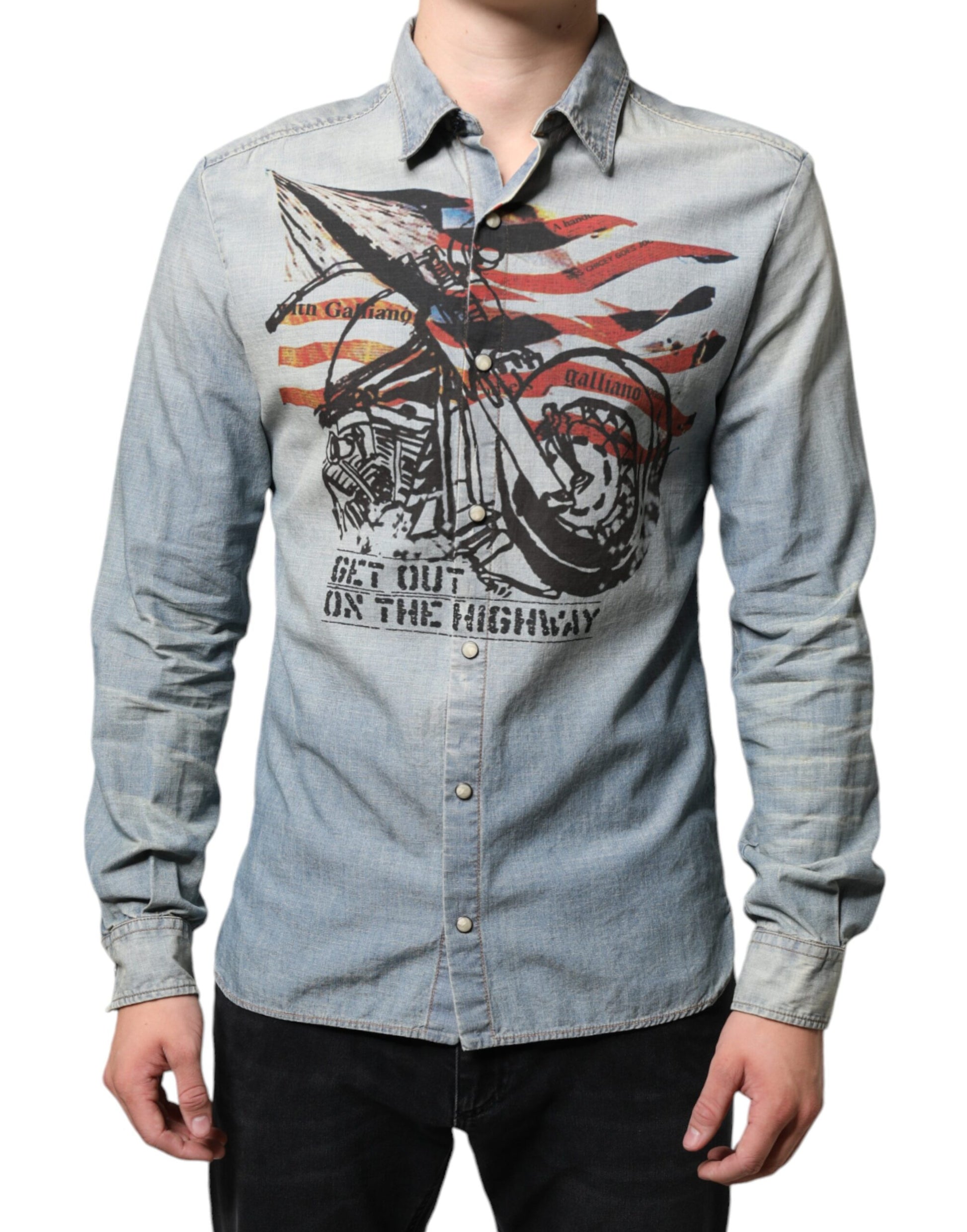John Galliano Light Blue Printed Cotton Denim Long Sleeves Shirt by John Galliano