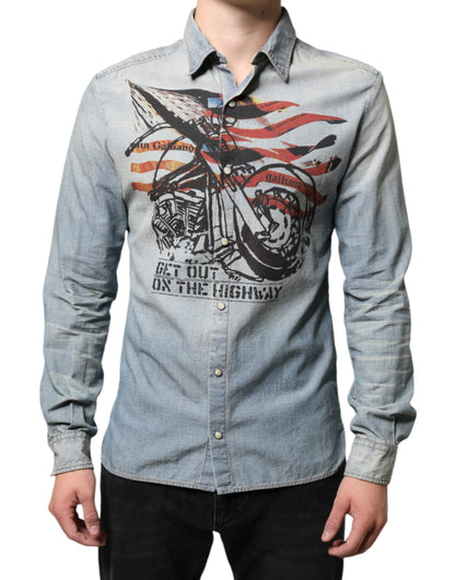 John Galliano Light Blue Printed Cotton Denim Long Sleeves Shirt by John Galliano