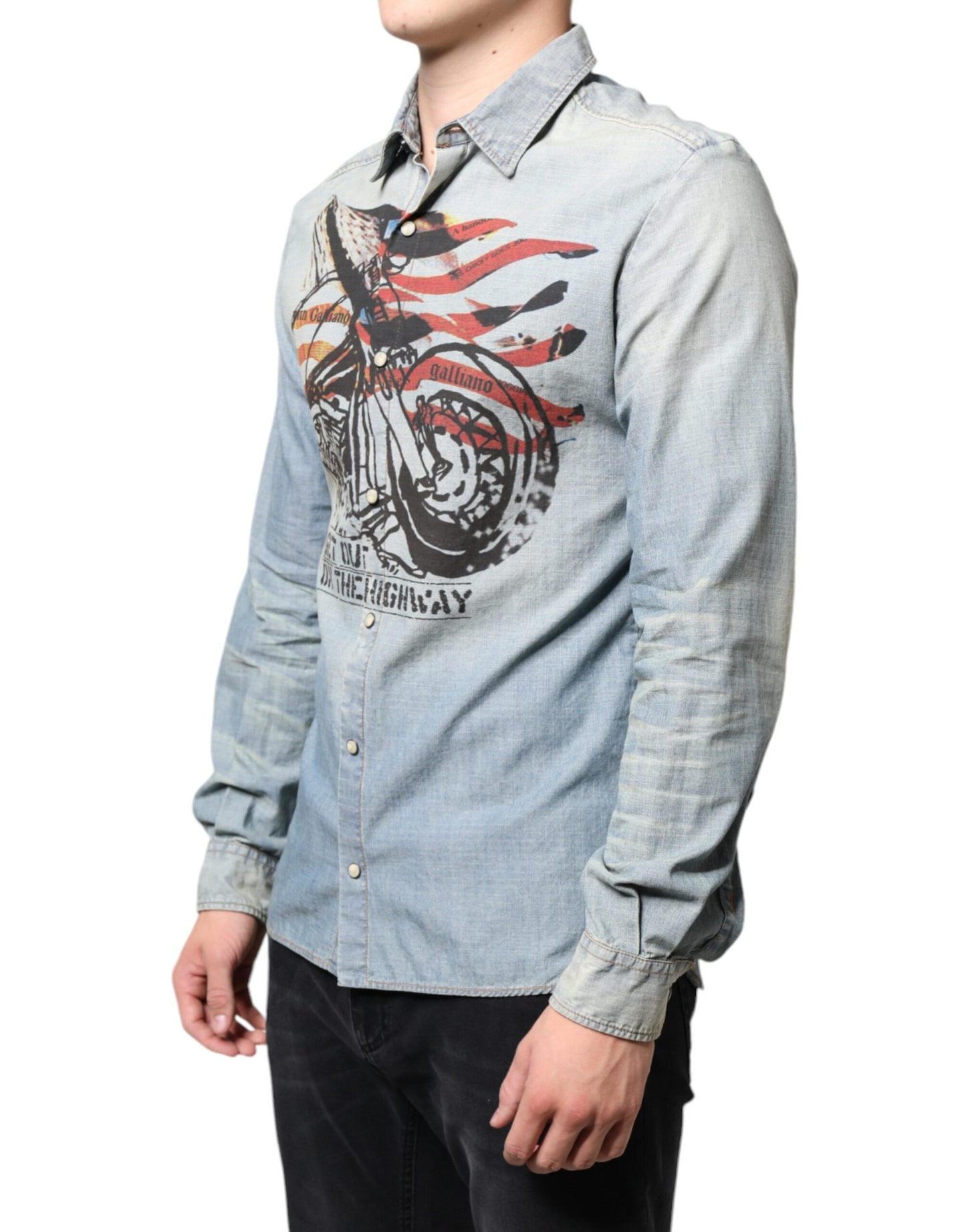 John Galliano Light Blue Printed Cotton Denim Long Sleeves Shirt by John Galliano