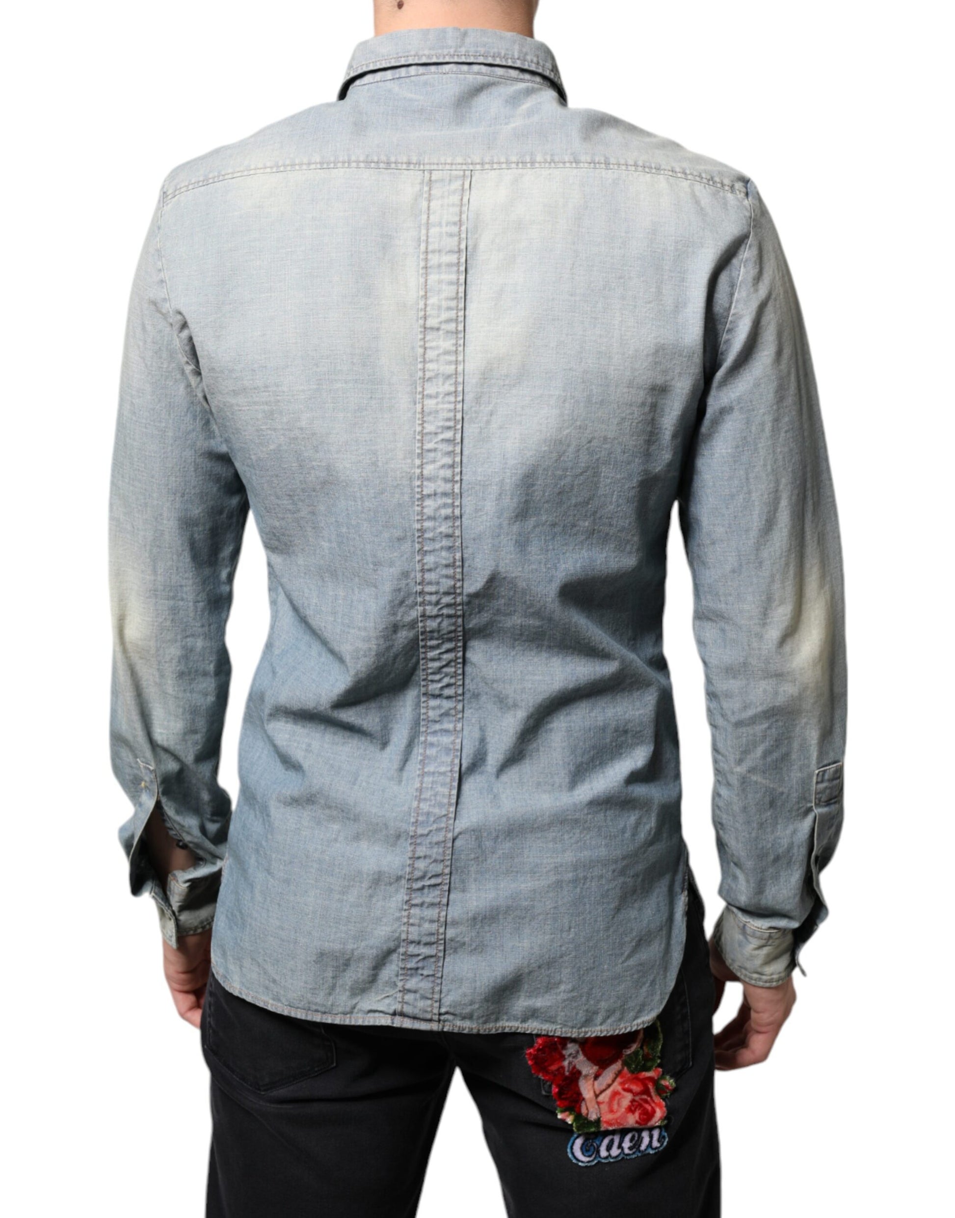 John Galliano Light Blue Printed Cotton Denim Long Sleeves Shirt by John Galliano