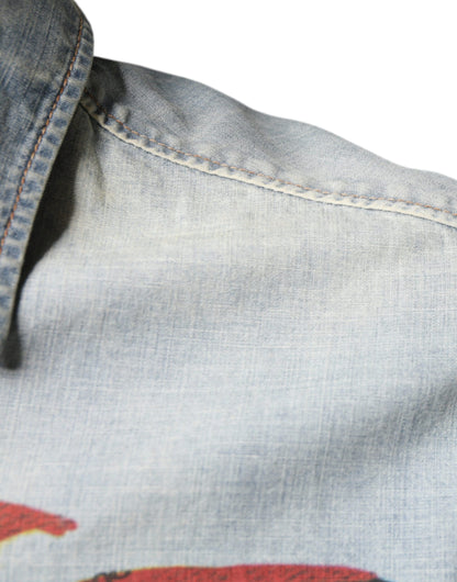 John Galliano Light Blue Printed Cotton Denim Long Sleeves Shirt by John Galliano
