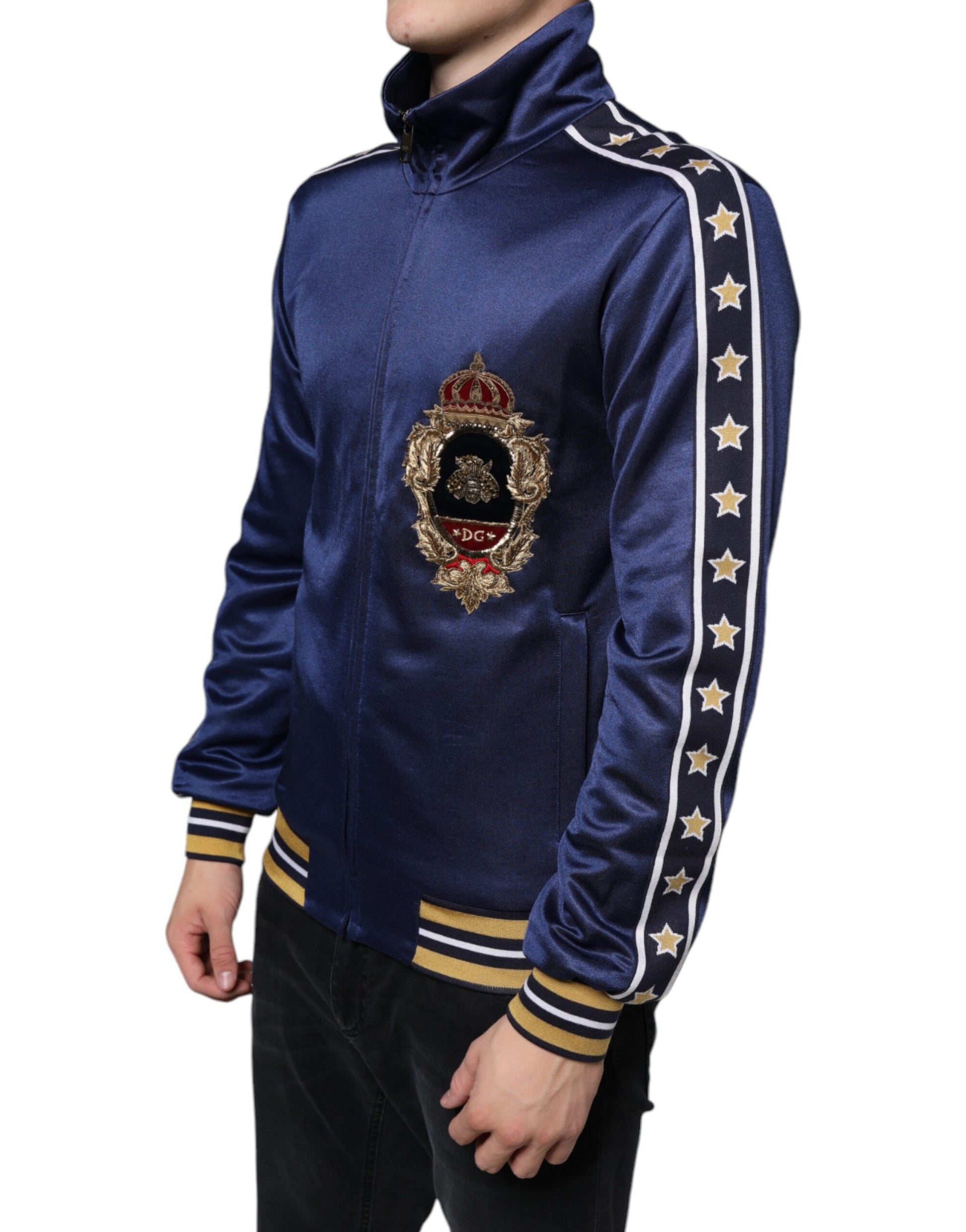 Dolce & Gabbana Blue Heraldic Patch Stripe King Bee Sweater by Dolce & Gabbana