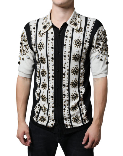 Dolce & Gabbana White Black Silk Studded Stone Crystal Shirt by Dolce & Gabbana
