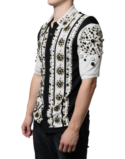 Dolce & Gabbana White Black Silk Studded Stone Crystal Shirt by Dolce & Gabbana